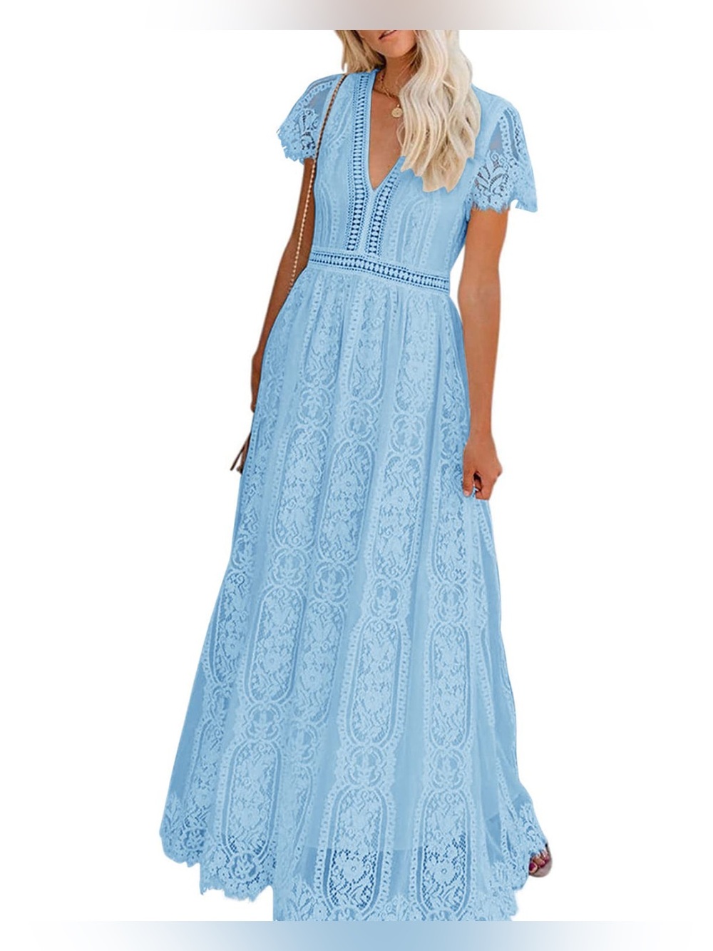 MEROKEETY Blue Lace Maxi Dress XXL V Neck Wedding Guest